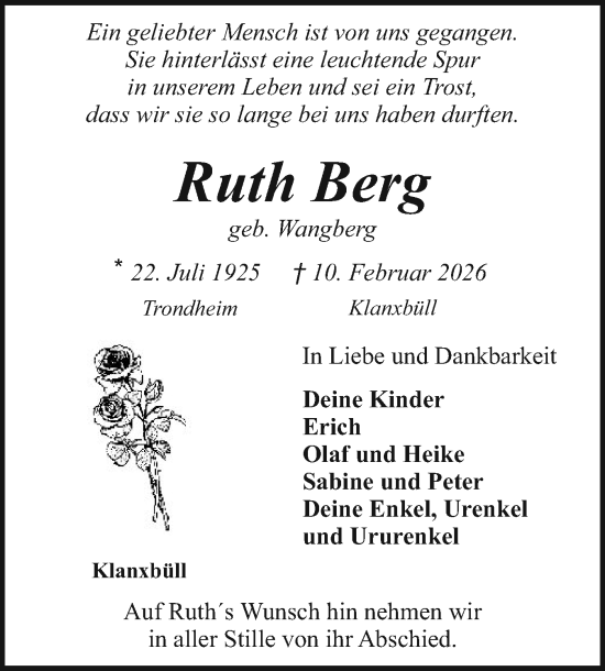 Traueranzeige von Ruth Berg von Husumer Nachrichten, Nordfriesland Tageblatt