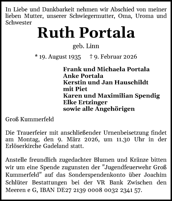 Traueranzeige von Ruth Portala von Holsteinischer Courier