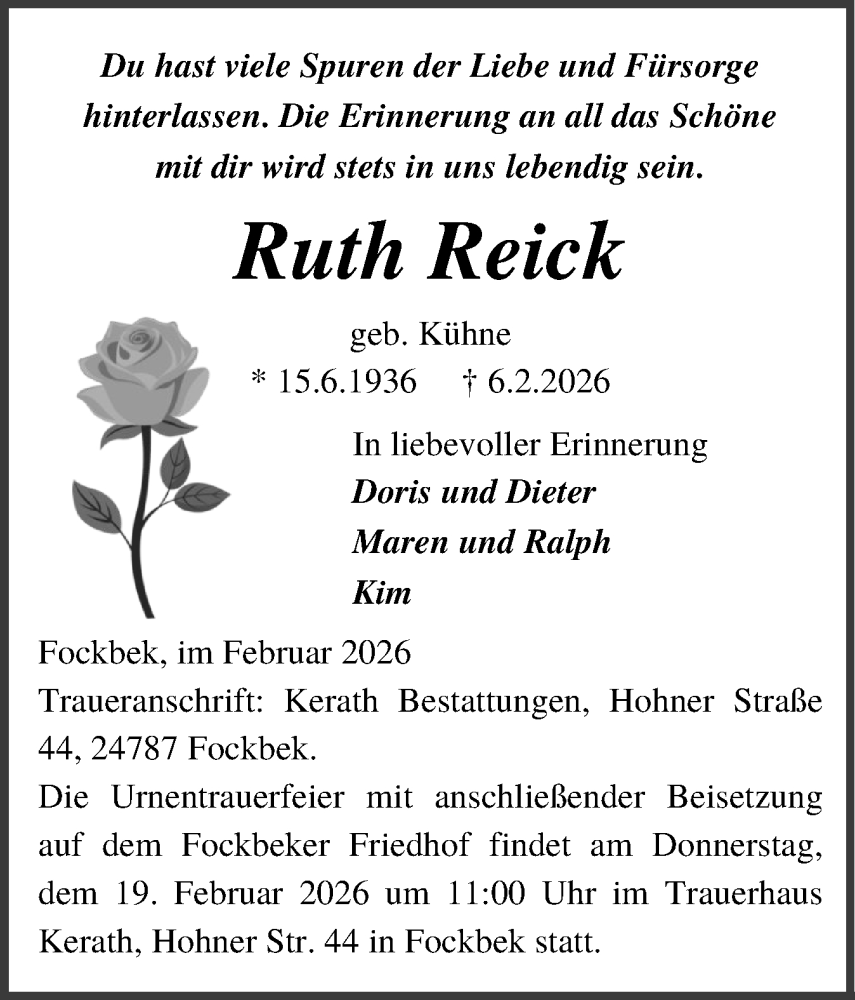  Traueranzeige für Ruth Reick vom 14.02.2026 aus Schleswig-Holsteinische Landeszeitung