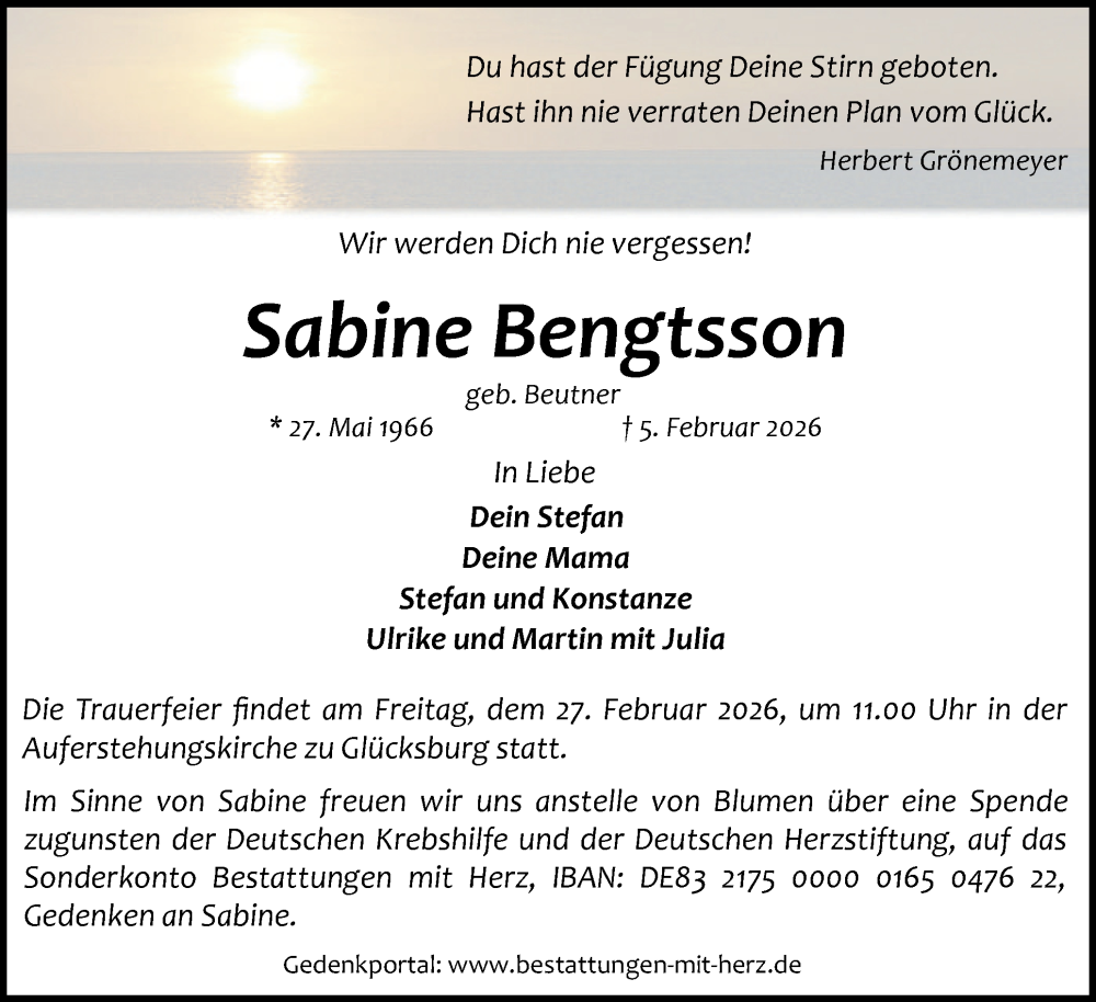  Traueranzeige für Sabine Bengtsson vom 14.02.2026 aus Region Flensburg