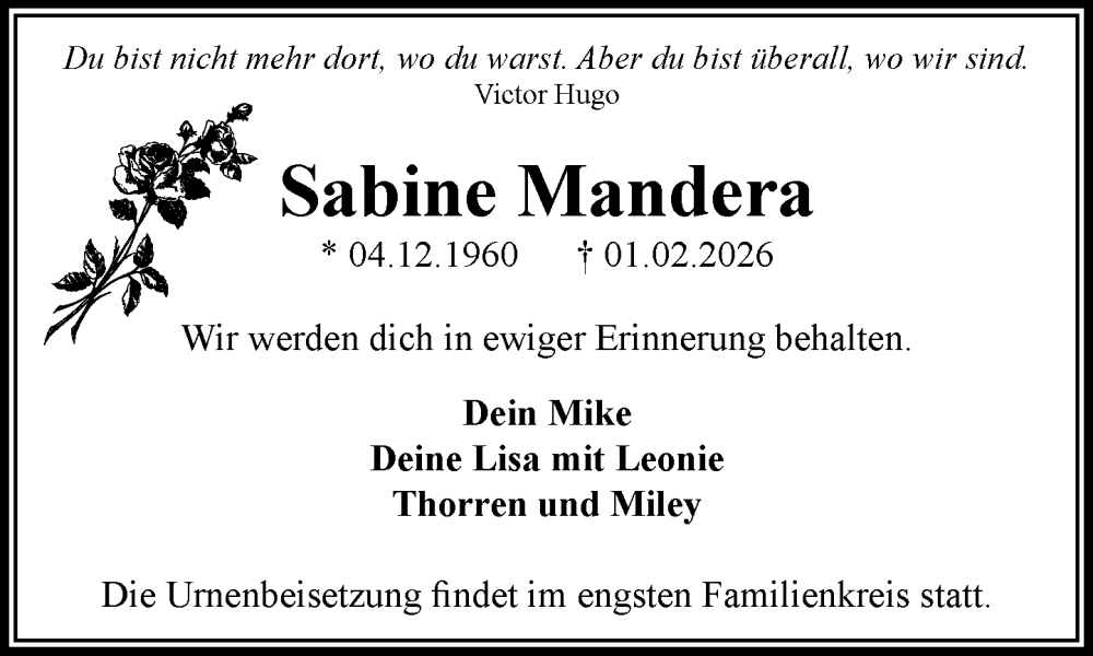  Traueranzeige für Sabine Mandera vom 07.02.2026 aus MARKT Ahrensburg/Bargteheide/Trittau und Stormarner Tageblatt