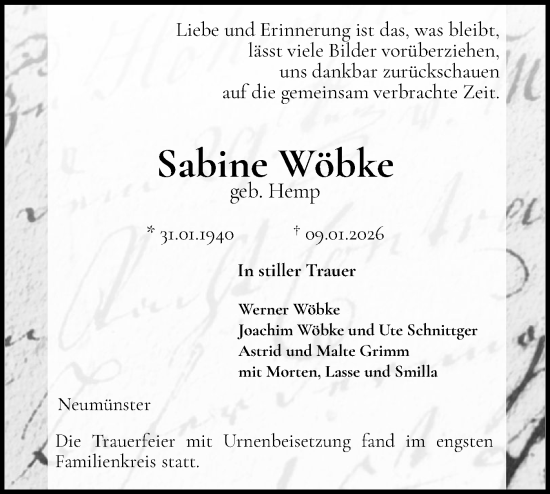 Traueranzeige von Sabine Wöbke von Holsteinischer Courier