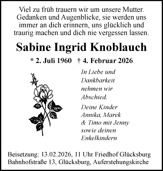 Traueranzeige von Sabine Ingrid Knoblauch von Flensburger Tageblatt