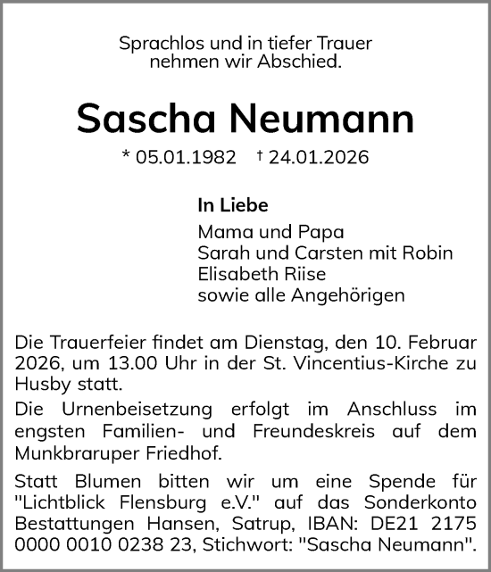Traueranzeige von Sascha Neumann von Flensburger Tageblatt
