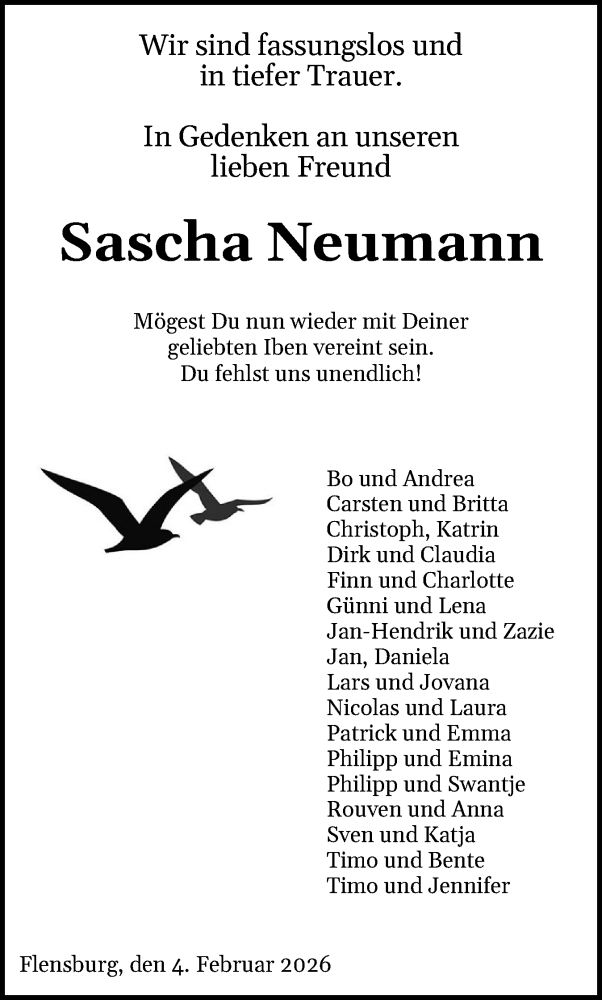  Traueranzeige für Sascha Neumann vom 04.02.2026 aus Flensburger Tageblatt