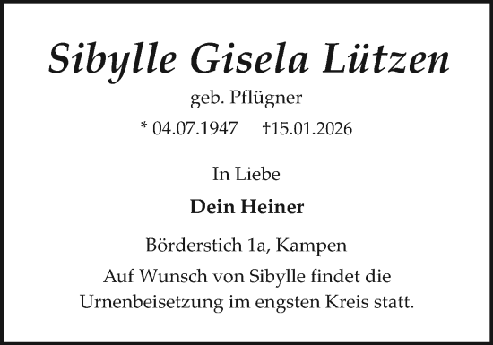 Traueranzeige von Sibylle Gisela Lützen von Sylter Rundschau