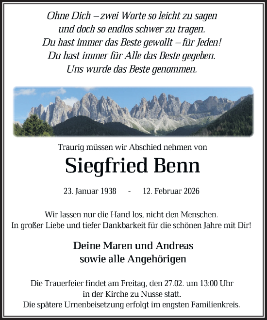 Traueranzeige von Siegfried Benn von MARKT Ratzeburg/Mölln