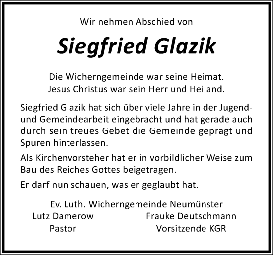 Traueranzeige von Siegfried Glazik von Holsteinischer Courier