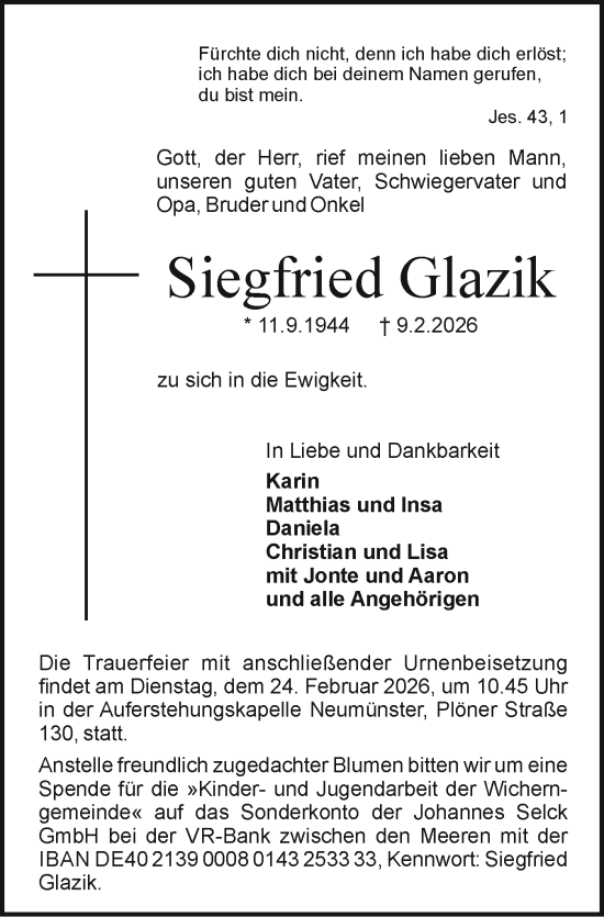 Traueranzeige von Siegfried Glazik von Holsteinischer Courier