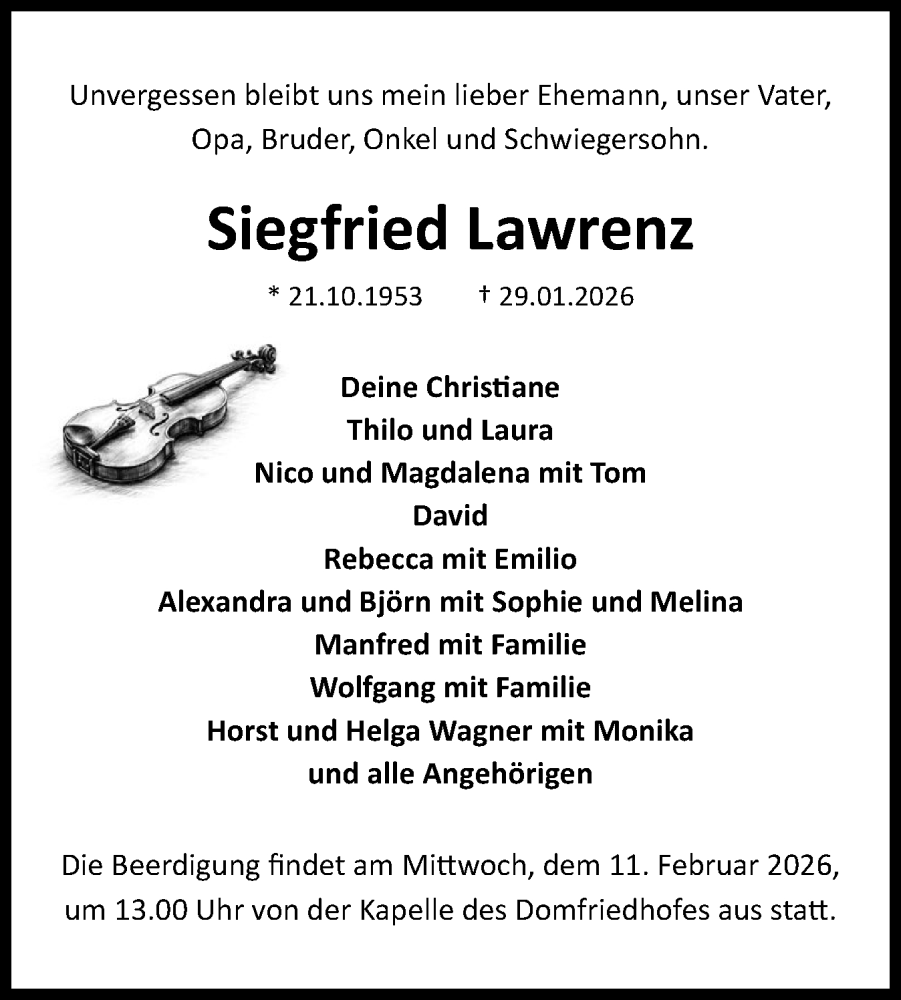  Traueranzeige für Siegfried Lawrenz vom 07.02.2026 aus Schleswiger Nachrichten, Schlei-Bote