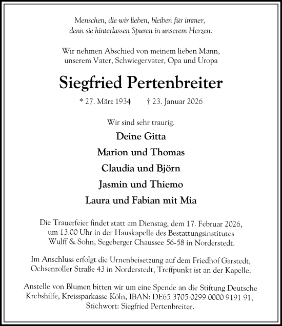 Traueranzeige von Siegfried Pertenbreiter von Heimatspiegel
