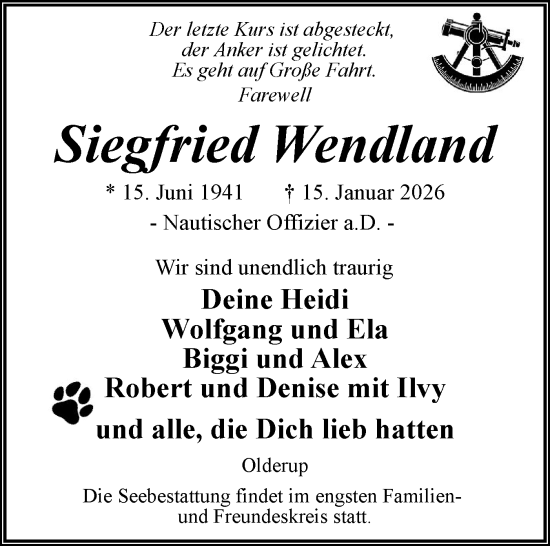 Traueranzeige von Siegfried Wendland von Husumer Nachrichten, Nordfriesland Tageblatt