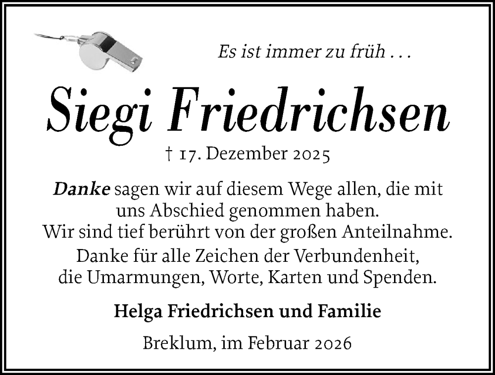  Traueranzeige für Siegi Friedrichsen vom 21.02.2026 aus Husumer Nachrichten, Nordfriesland Tageblatt