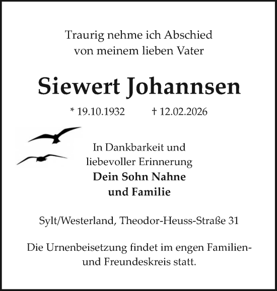 Traueranzeige von Siewert Johannsen von Sylter Rundschau