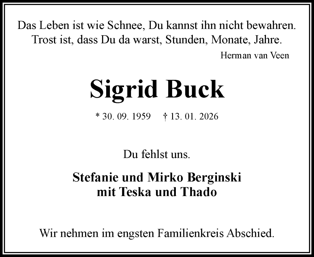  Traueranzeige für Sigrid Buck vom 24.01.2026 aus MARKT Bad Oldesloe/Reinfeld und Stormarner Tageblatt