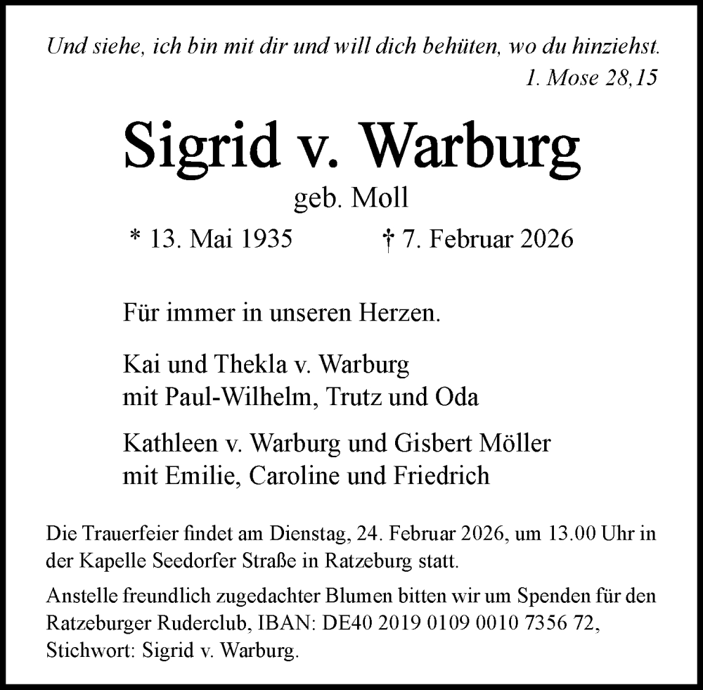 Traueranzeige für Sigrid v. Warburg vom 14.02.2026 aus MARKT Ratzeburg/Mölln