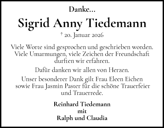 Traueranzeige von Sigrid Anny Tiedemann von Schleswig-Holsteinische Landeszeitung