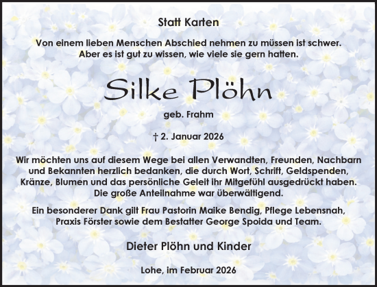 Traueranzeige von Silke Plöhn von Schleswig-Holsteinische Landeszeitung