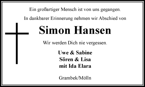 Traueranzeige von Simon Hansen von MARKT Ratzeburg/Mölln