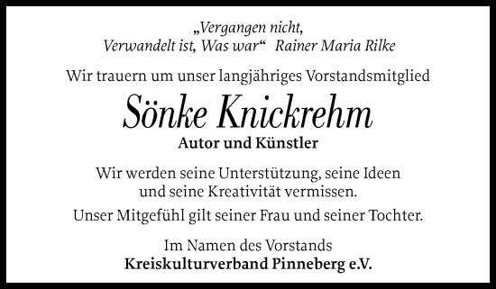 Traueranzeige von Sönke Knickrehm von Region Pinneberg und tip Pinneberg