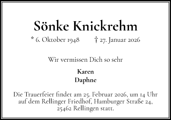 Traueranzeige von Sönke Knickrehm von Region Pinneberg und tip Pinneberg