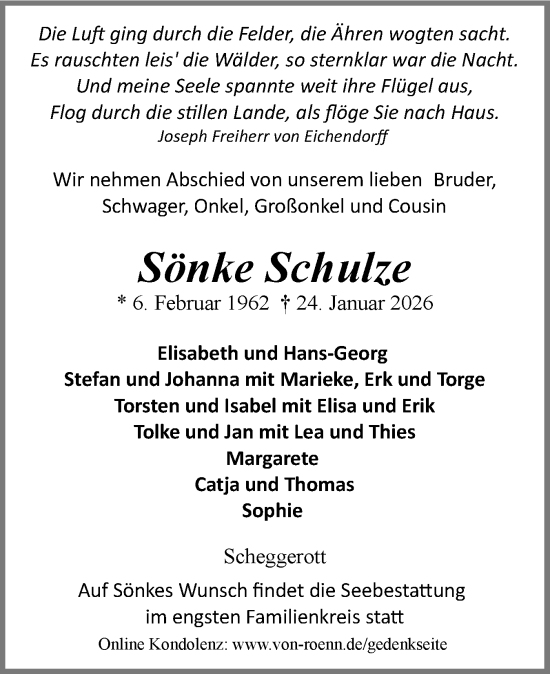 Traueranzeige von Sönke Schulze von Husumer Nachrichten, Nordfriesland Tageblatt