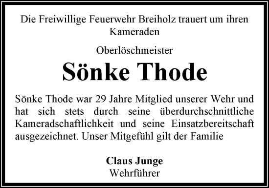 Traueranzeige von Sönke Thode von Schleswig-Holsteinische Landeszeitung