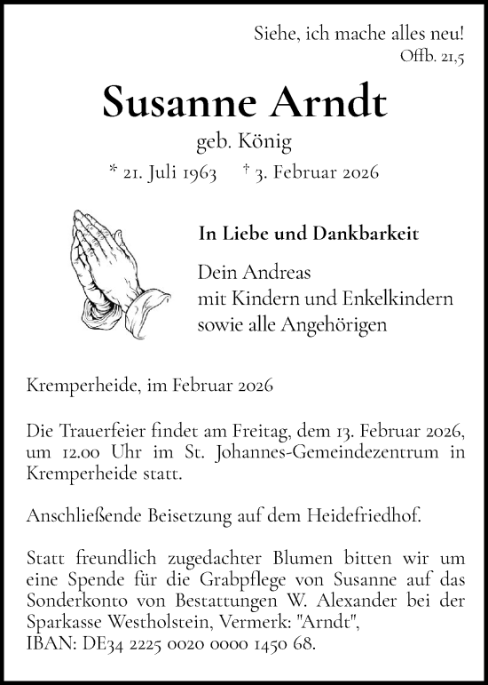 Traueranzeige von Susanne Arndt von Norddeutsche Rundschau, Wilstersche Zeitung, Glückstädter Fortuna