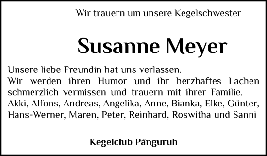 Traueranzeige von Susanne Meyer von Schleswiger Nachrichten, Schlei-Bote