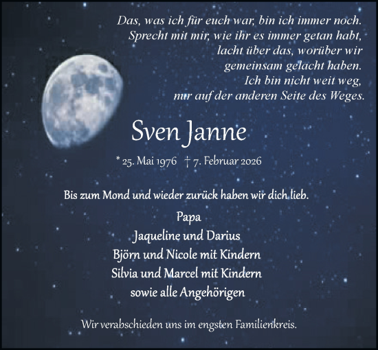 Traueranzeige von Sven Janne von MARKT Bad Oldesloe/Reinfeld und Stormarner Tageblatt