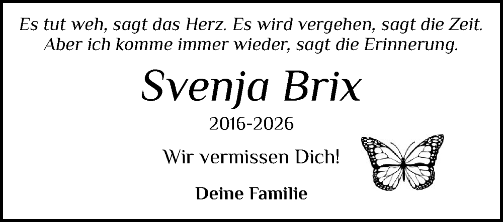  Traueranzeige für Svenja Brix vom 09.02.2026 aus Schleswiger Nachrichten, Schlei-Bote