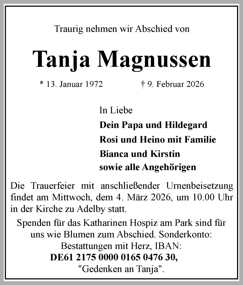  Traueranzeige für Tanja Magnussen vom 21.02.2026 aus Flensburger Tageblatt