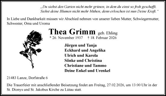 Traueranzeige von Thea Grimm von Wochenend Anzeiger