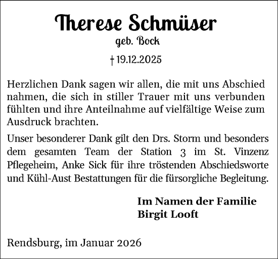 Traueranzeige von Therese Schmüser von Schleswig-Holsteinische Landeszeitung