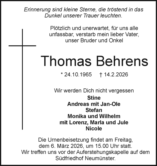 Traueranzeige von Thomas Behrens von Holsteinischer Courier