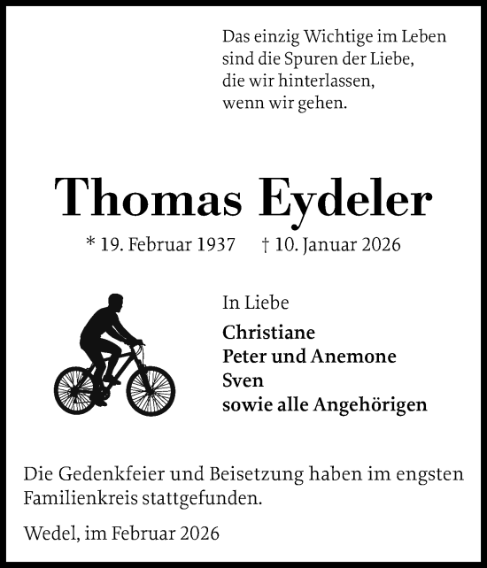 Traueranzeige von Thomas Eydeler von Wedel-Schulauer Tageblatt, tip Wedel-Schulauer Tageblatt, tip Rissener Rundschau