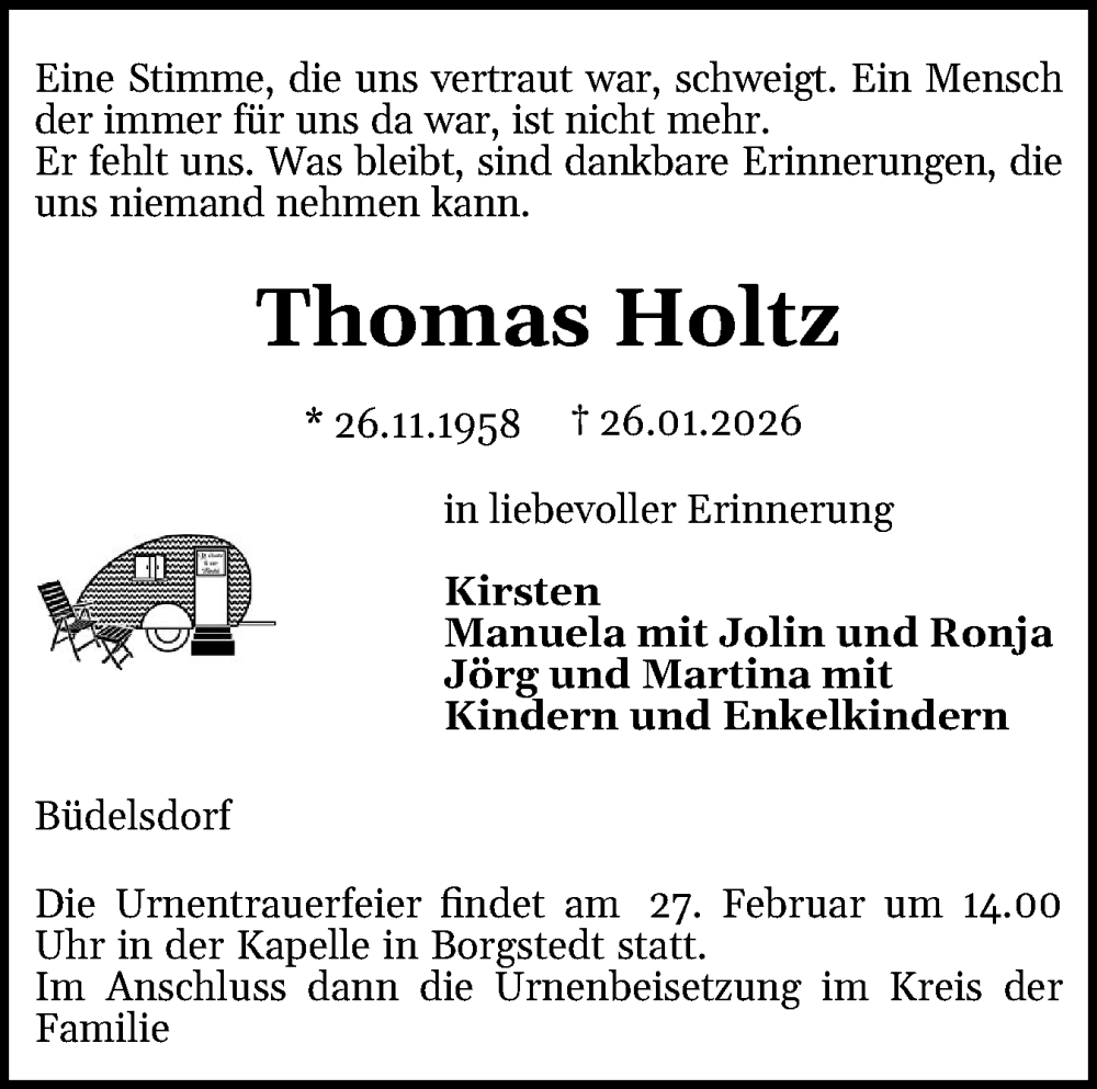 Traueranzeige für Thomas Holtz vom 14.02.2026 aus Schleswig-Holsteinische Landeszeitung