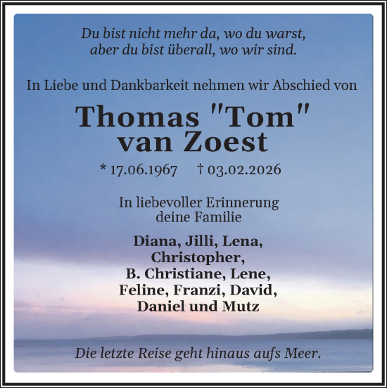 Traueranzeige von Thomas van Zoest von Flensburger Tageblatt