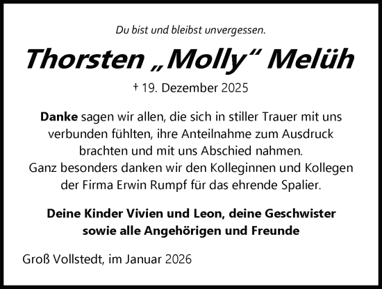 Traueranzeige von Thorsten Melüh von Schleswig-Holsteinische Landeszeitung