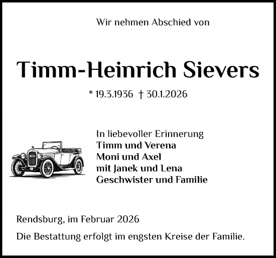 Traueranzeige von Timm-Heinrich Sievers von Schleswig-Holsteinische Landeszeitung