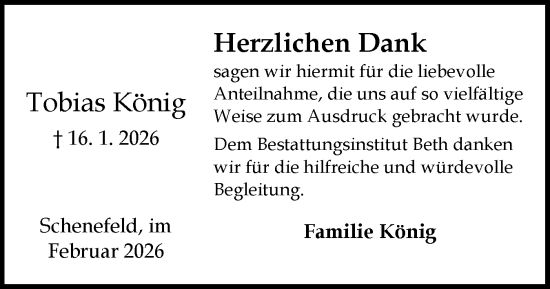 Traueranzeige von Tobias König von Norddeutsche Rundschau, Wilstersche Zeitung, Glückstädter Fortuna