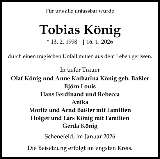 Traueranzeige von Tobias König 