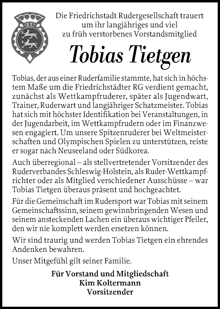  Traueranzeige für Tobias Tietgen vom 24.01.2026 aus Husumer Nachrichten, Nordfriesland Tageblatt