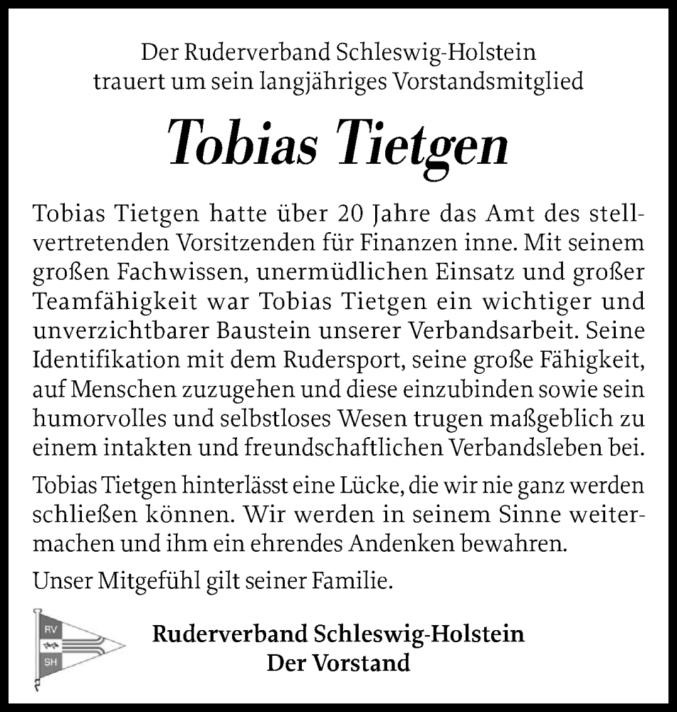 Traueranzeige für Tobias Tietgen vom 24.01.2026 aus Husumer Nachrichten, Nordfriesland Tageblatt