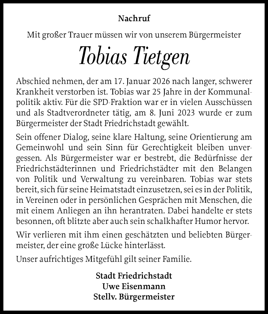  Traueranzeige für Tobias Tietgen vom 24.01.2026 aus Husumer Nachrichten, Nordfriesland Tageblatt
