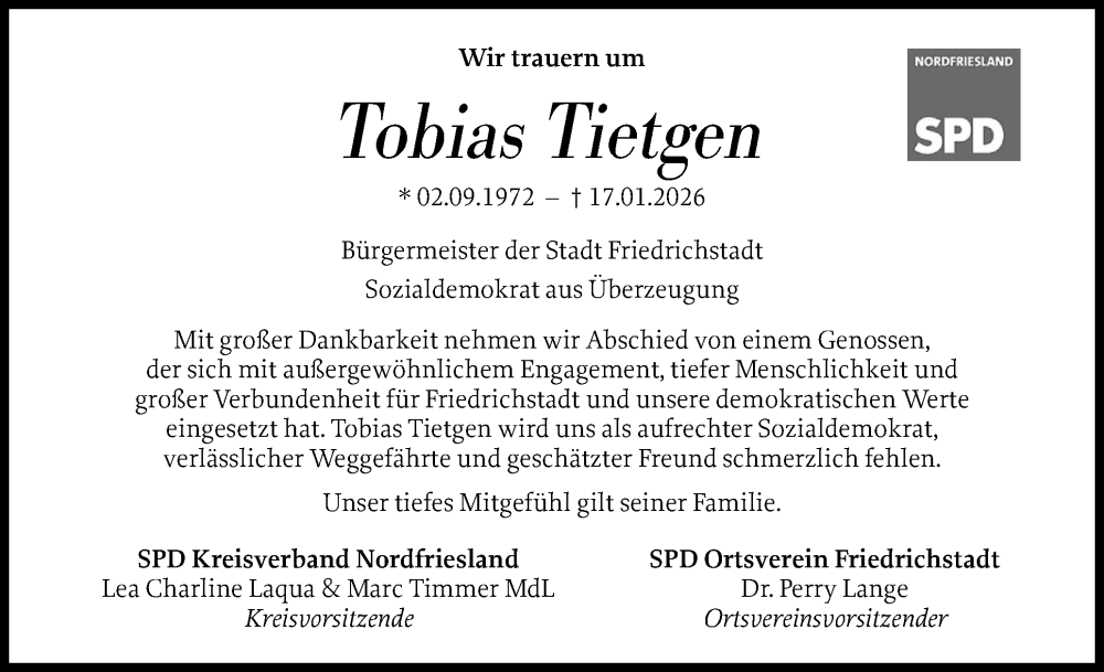  Traueranzeige für Tobias Tietgen vom 24.01.2026 aus Region Westküste