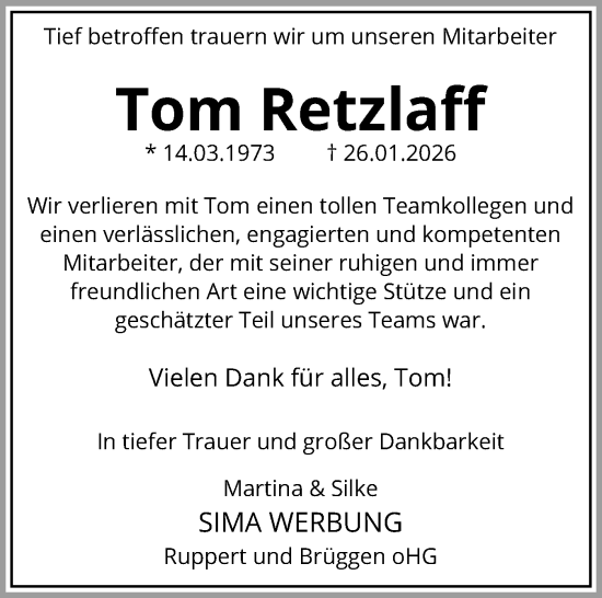 Traueranzeige von Tom Retzlaff von Flensburger Tageblatt