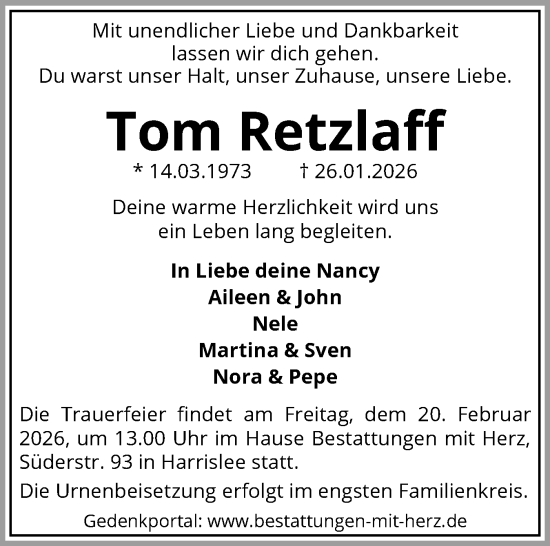 Traueranzeige von Tom Retzlaff von Flensburger Tageblatt