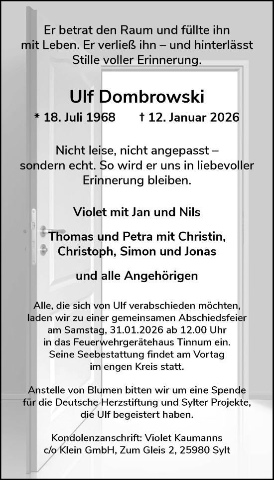 Traueranzeige von Ulf Dombrowski von Sylter Rundschau
