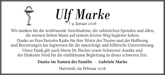 Traueranzeige von Ulf Marke von Husumer Nachrichten, Nordfriesland Tageblatt